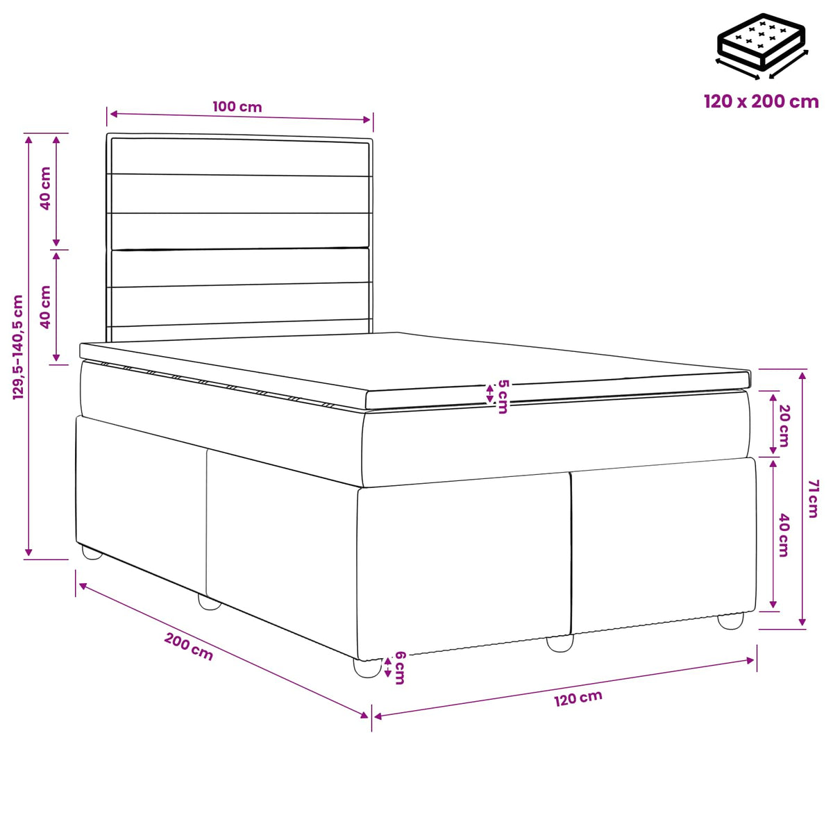 Boxspringbett mit Matratze Schwarz 120 x 200 cm Stoff