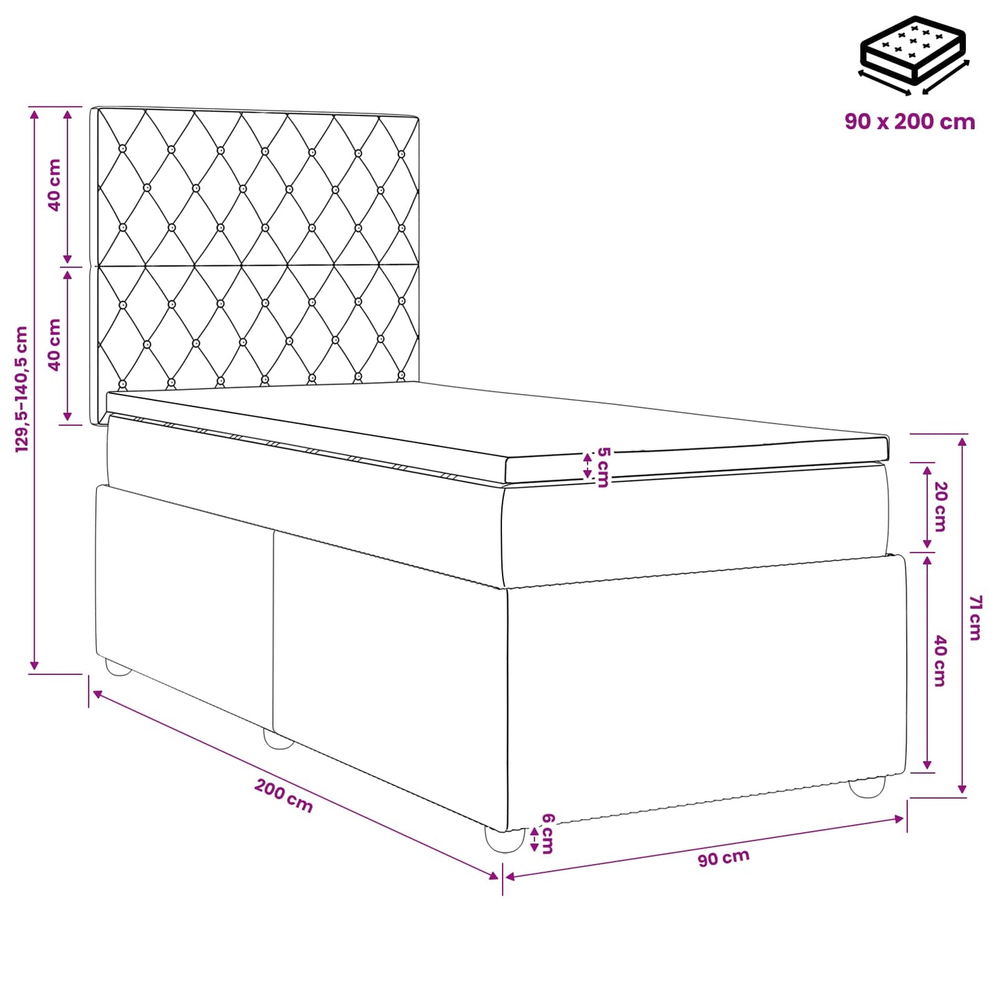 Boxspringbett mit Matratze Schwarz 90 x 200 cm Samt