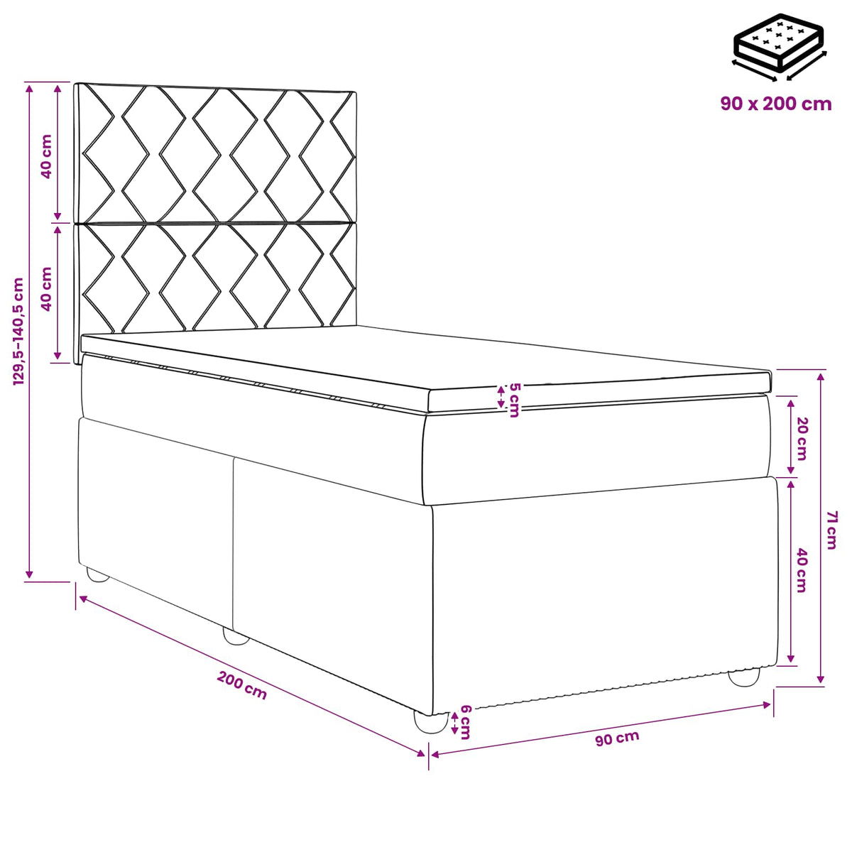 Boxspringbett mit Matratze Schwarz 90 x 200 cm Samt