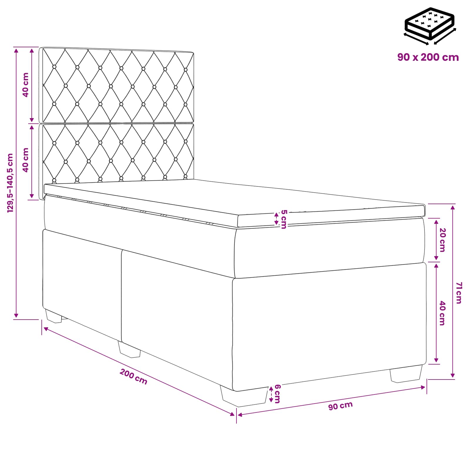 Boxspringbett mit Matratze Schwarz 90 x 200 cm Samt