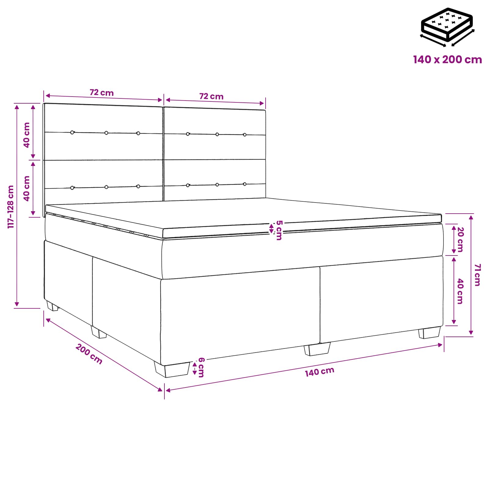 Boxspringbett mit Matratze Schwarz 140 x 200 cm Samt