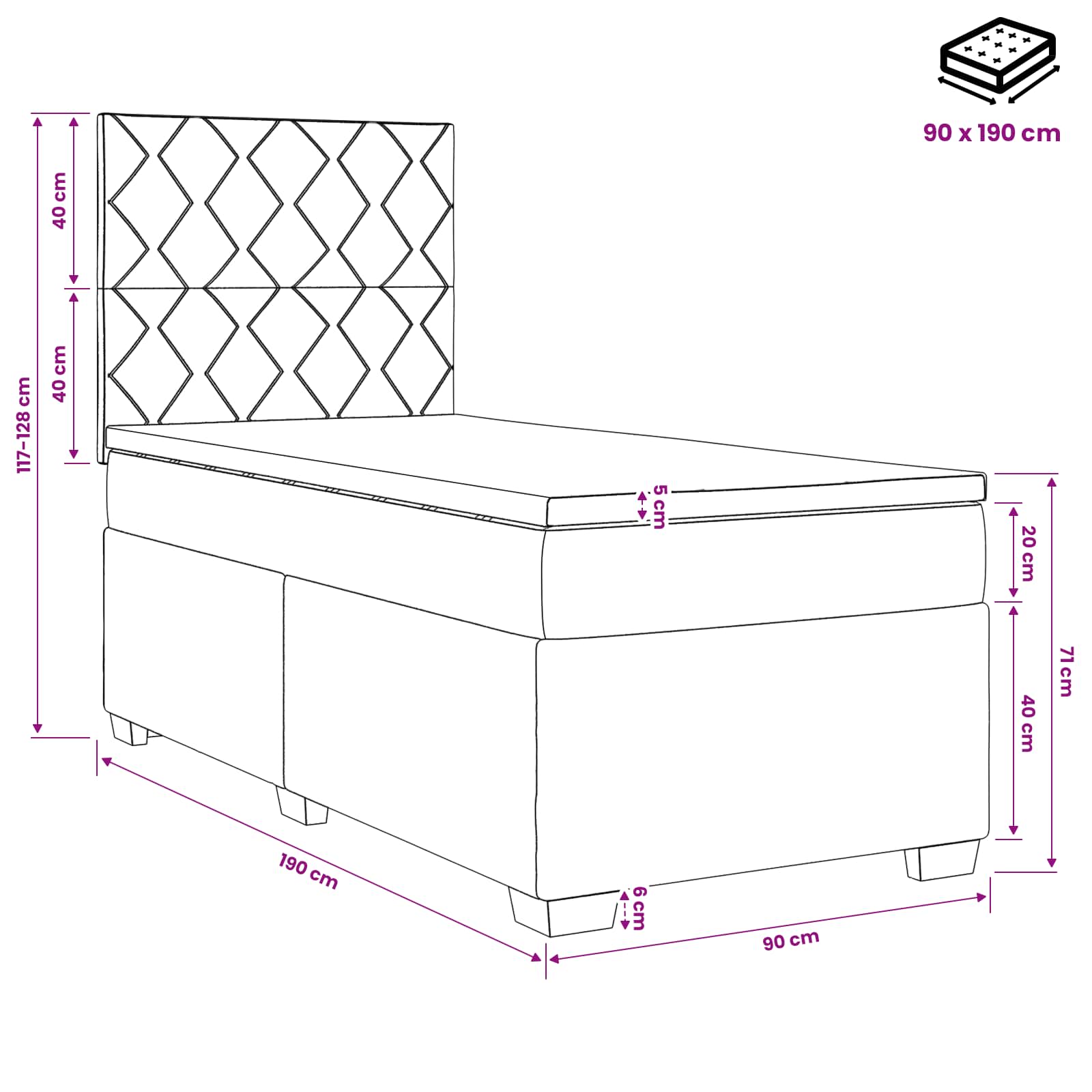 Boxspringbett mit Matratze und LED Dunkelgrau 90 x 190 cm Samt