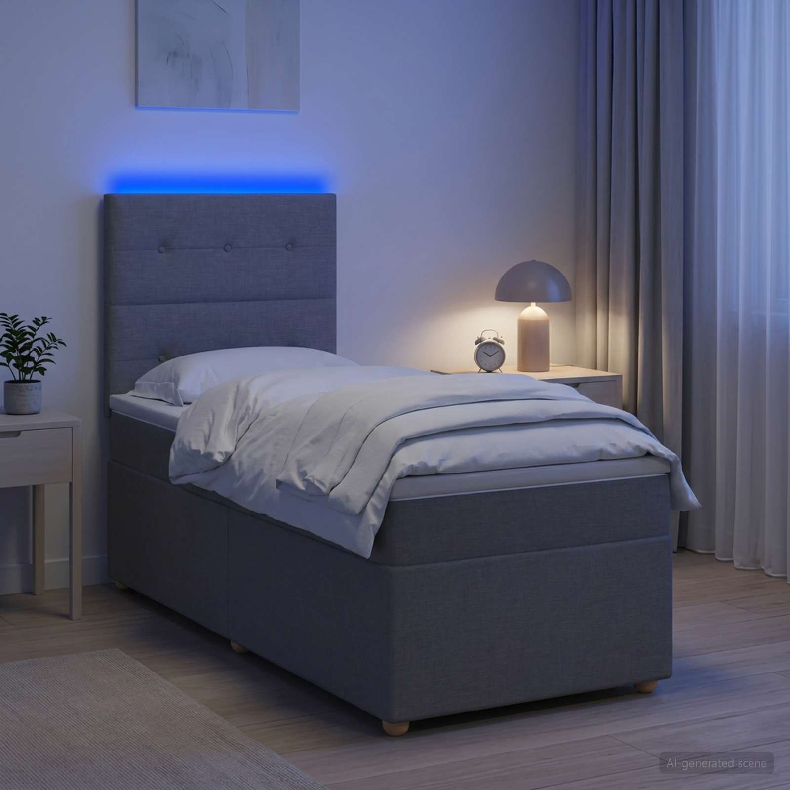 LED Boxspringbett mit Matratze Hellgrau 90 x 190 cm Stoff