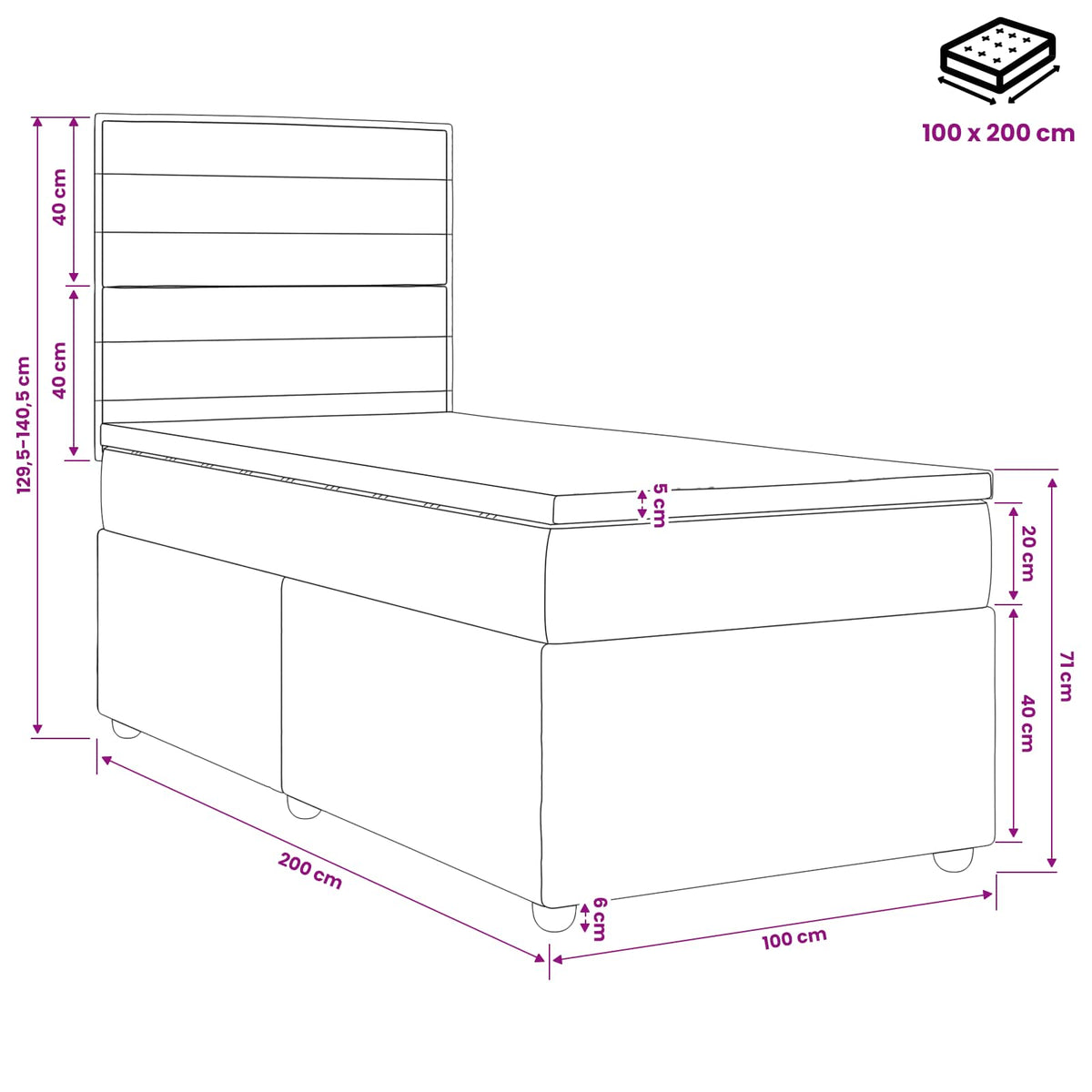 Boxspringbett mit Matratze Schwarz 100 x 200 cm Stoff