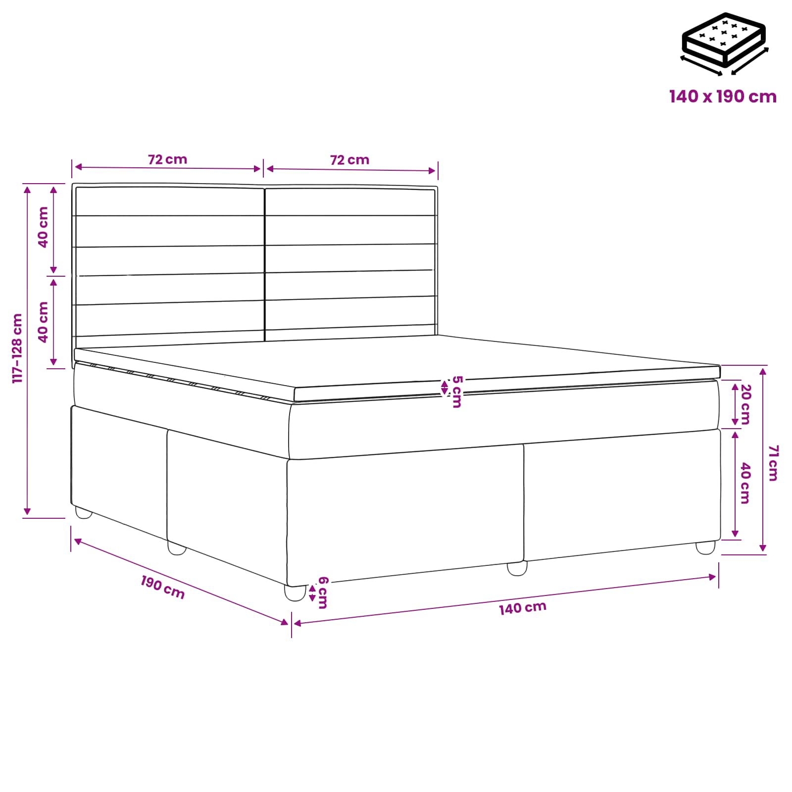 Boxspringbett mit Matratze Schwarz 140 x 190 cm Stoff