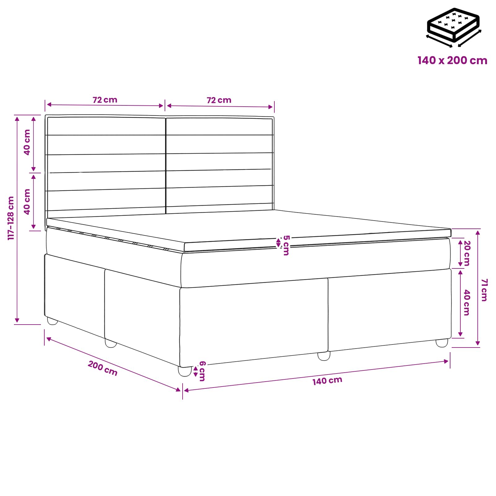 Boxspringbett mit Matratze Schwarz 140 x 200 cm Stoff