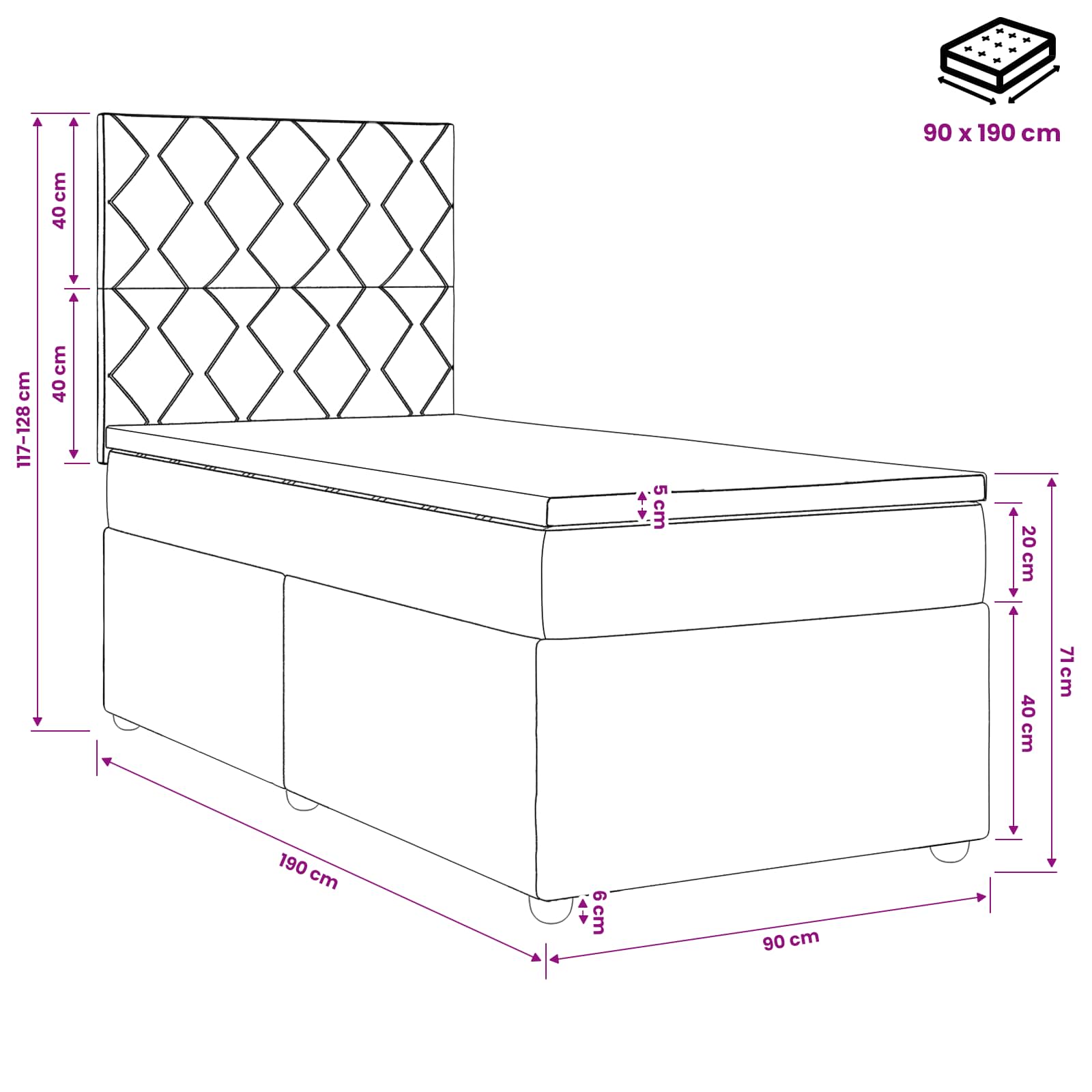 LED Boxspringbett mit Matratze Hellgrau 90 x 190 cm Stoff