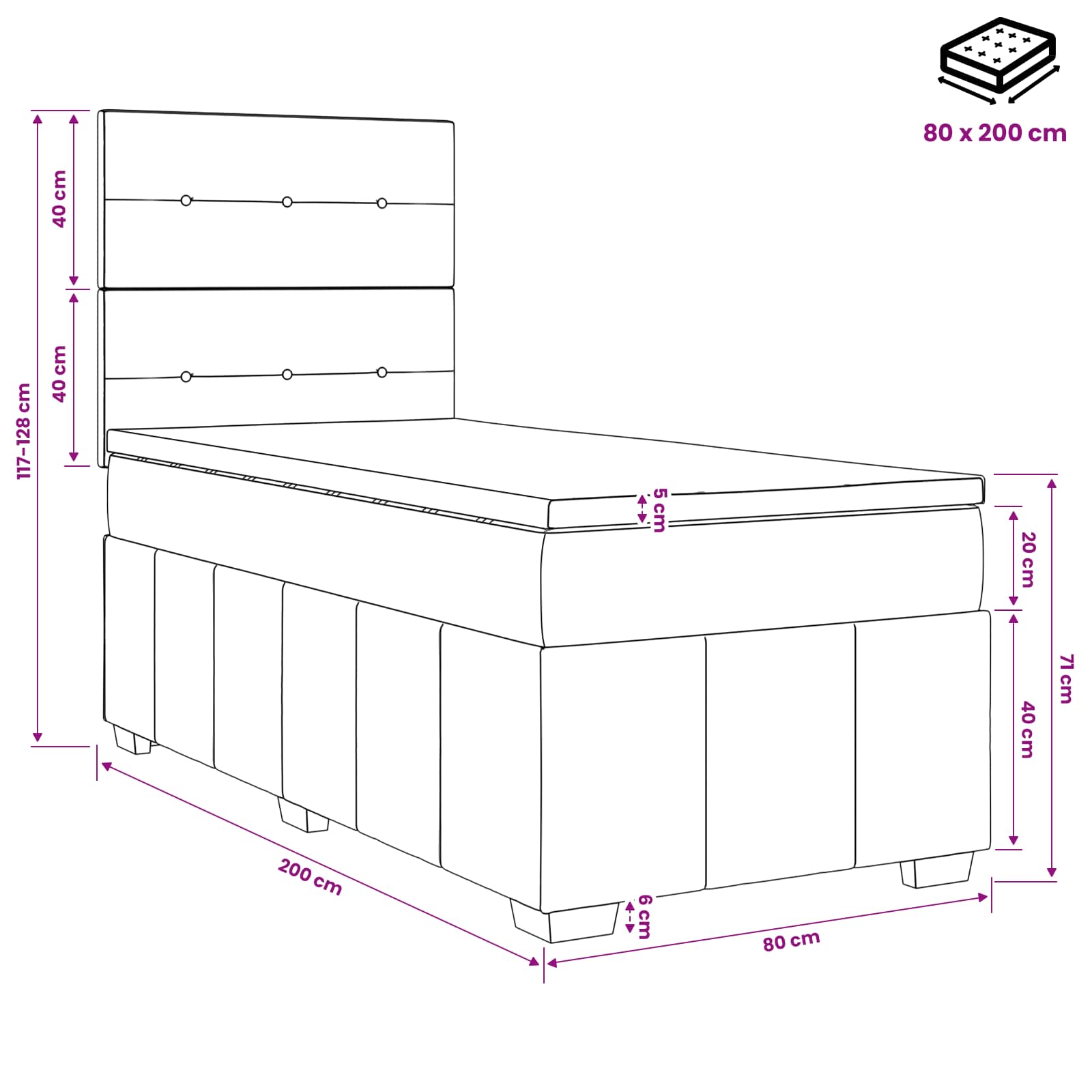 LED Boxspringbett mit Matratze Dunkelgrau 80 x 200 cm Stoff