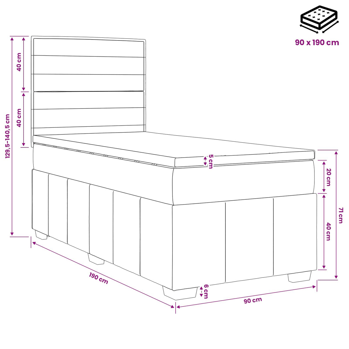 LED Boxspringbett mit Matratze Dunkelgrau 90 x 190 cm Stoff
