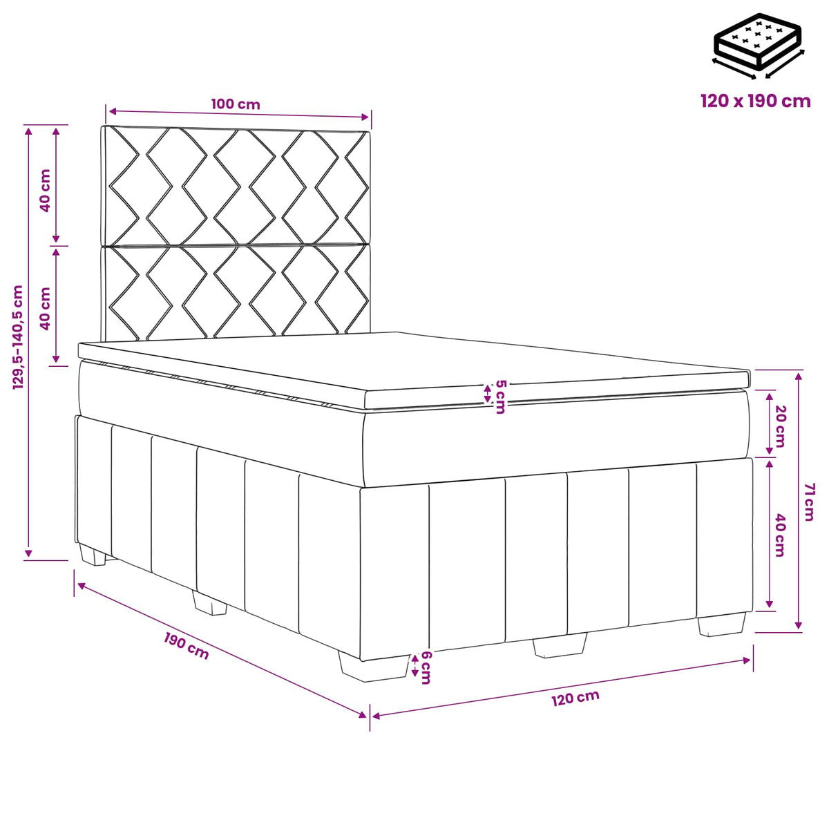 LED Boxspringbett mit Matratze Schwarz 120 x 190 cm Stoff
