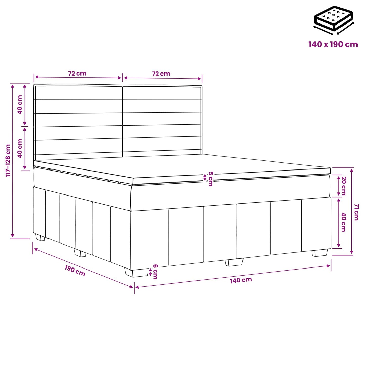 LED Boxspringbett mit Matratze Schwarz 140 x 190 cm Stoff
