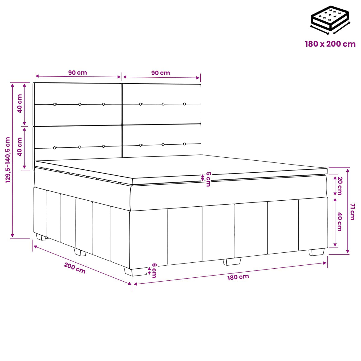 LED Boxspringbett mit Matratze Schwarz 180 x 200 cm Stoff