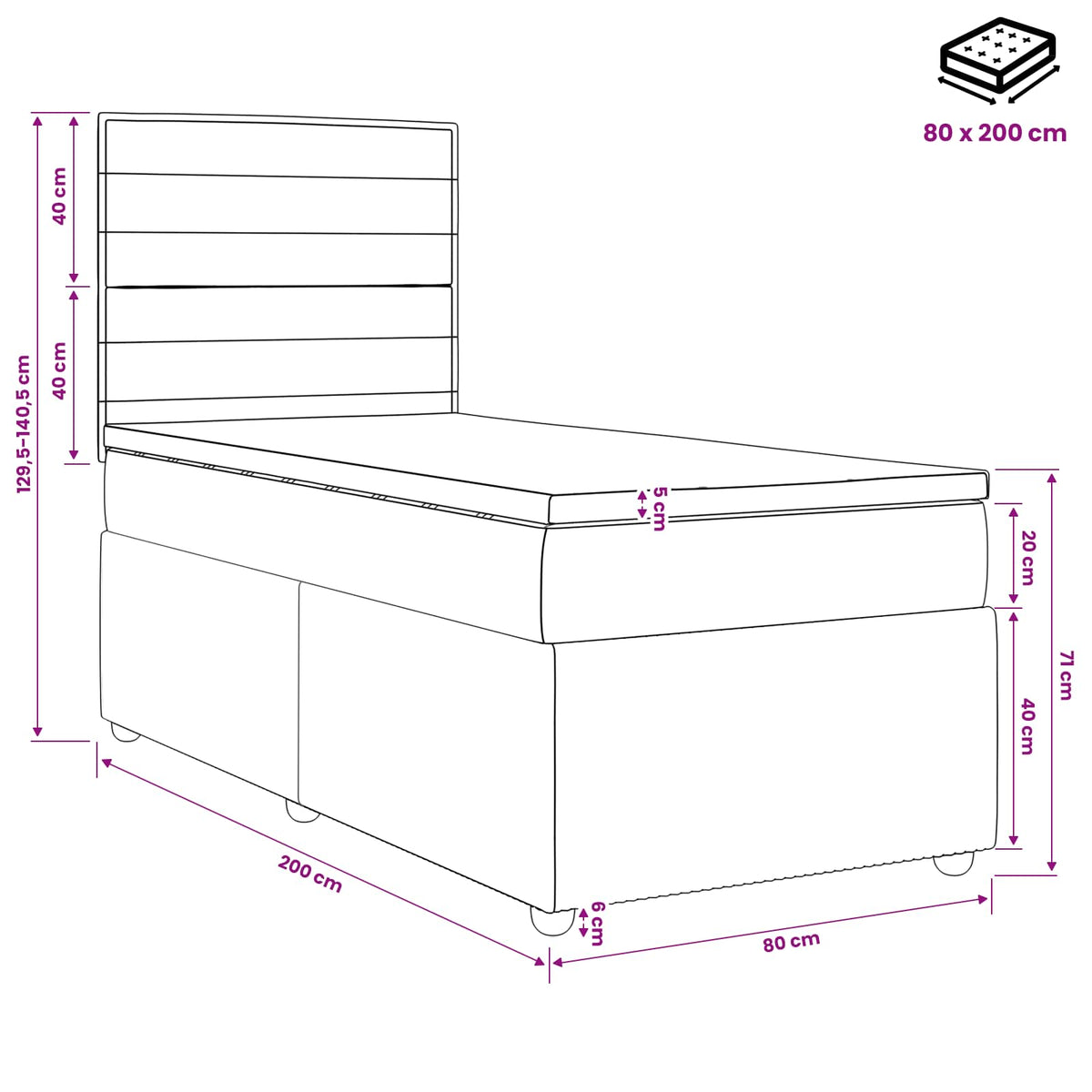 LED Boxspringbett mit Matratze Hellgrau 80 x 200 cm Stoff