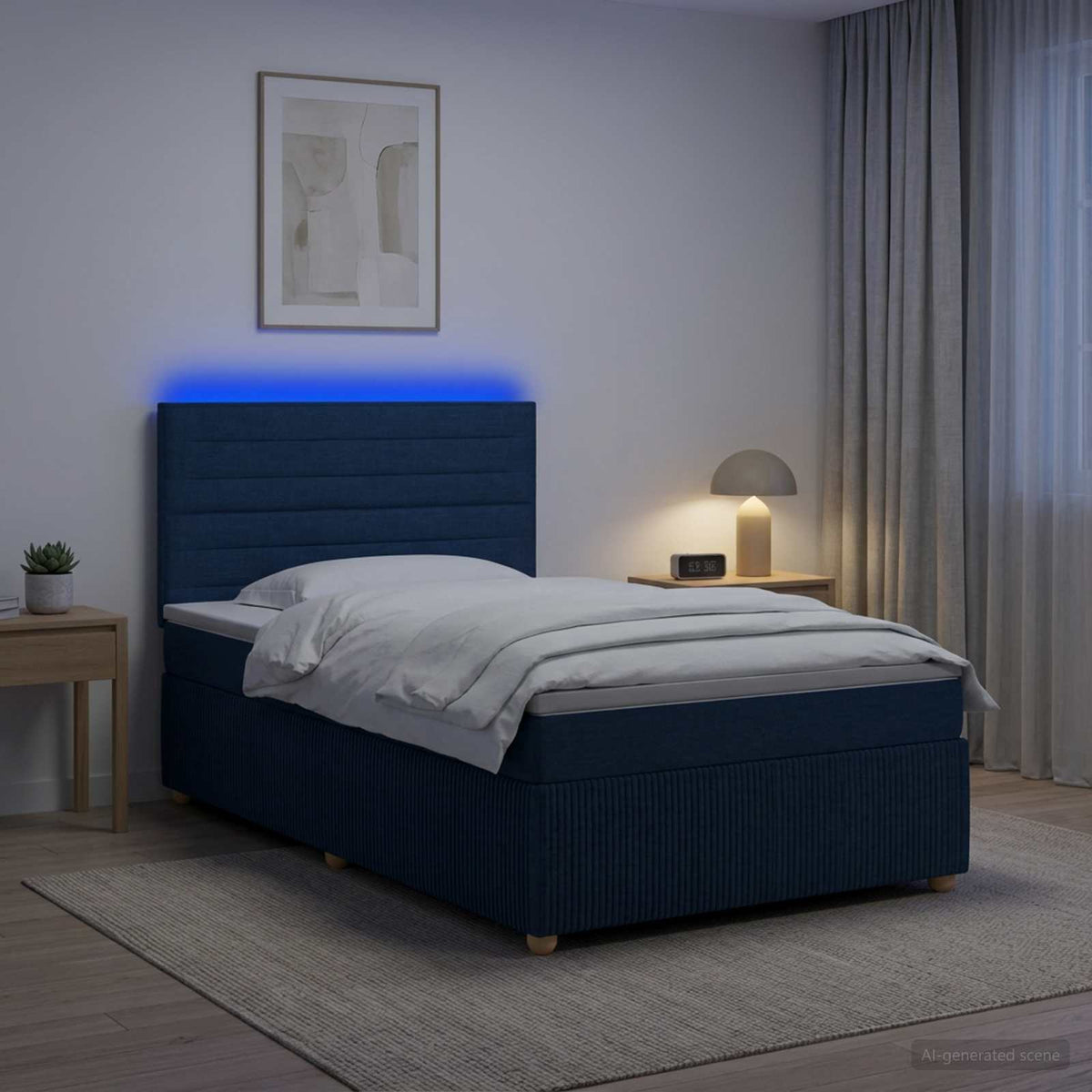 LED Boxspringbett mit Matratze Blau 90 x 200 cm Stoff