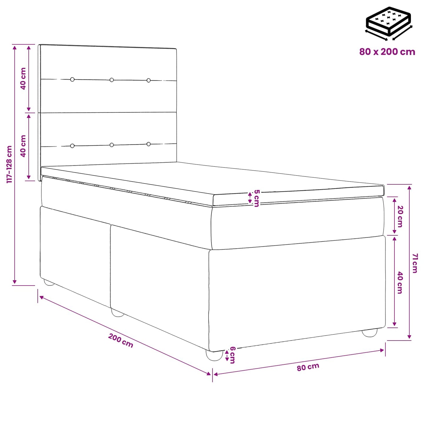 LED Boxspringbett mit Matratze Dunkelgrau 80 x 200 cm Stoff