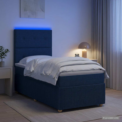 LED Boxspringbett mit Matratze Blau 90 x 200 cm Stoff