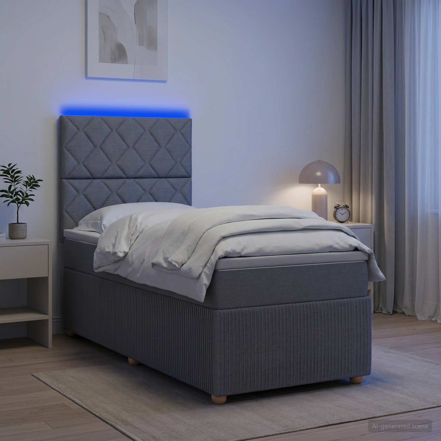 LED Boxspringbett mit Matratze Hellgrau 90 x 190 cm Stoff
