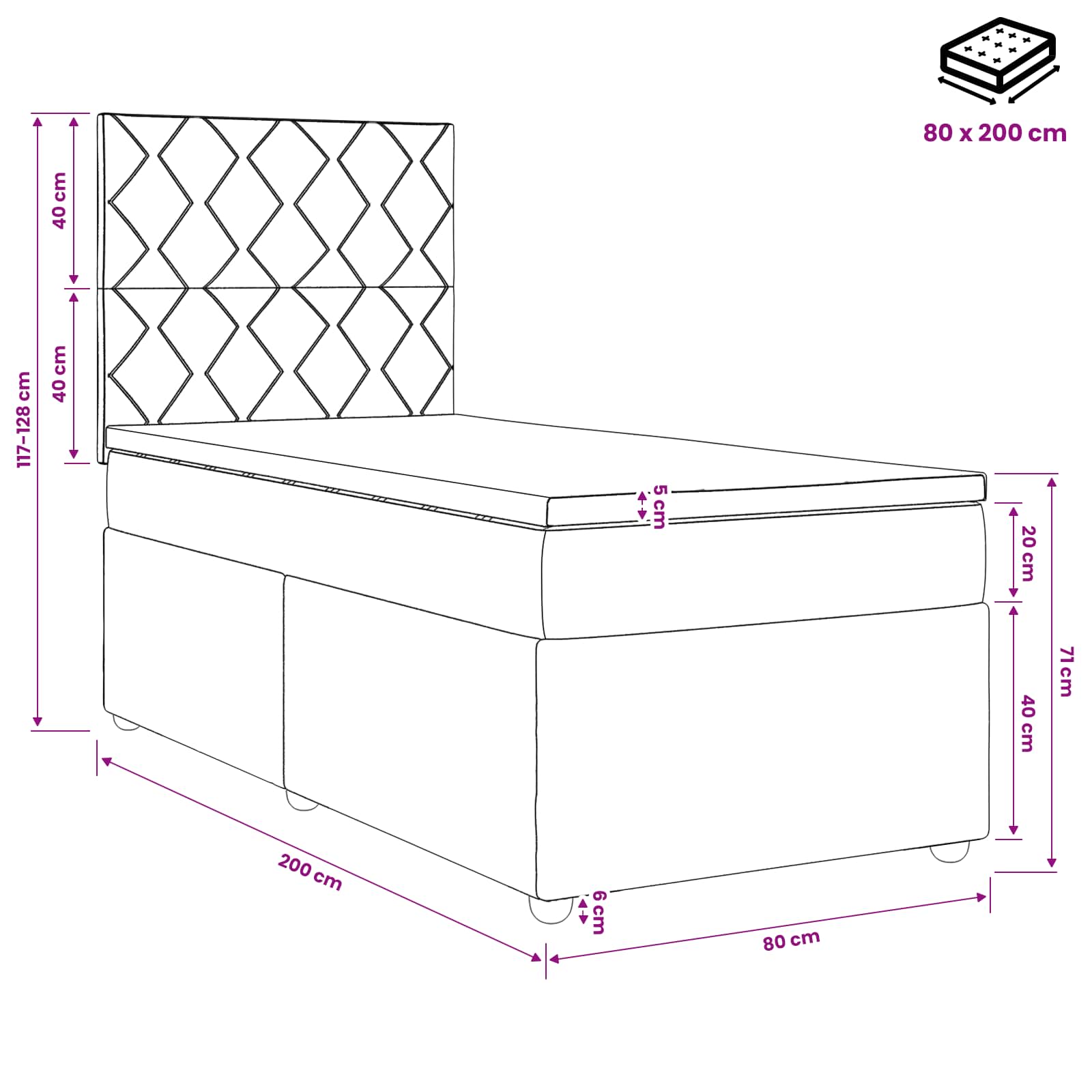 LED Boxspringbett mit Matratze Hellgrau 80 x 200 cm Stoff