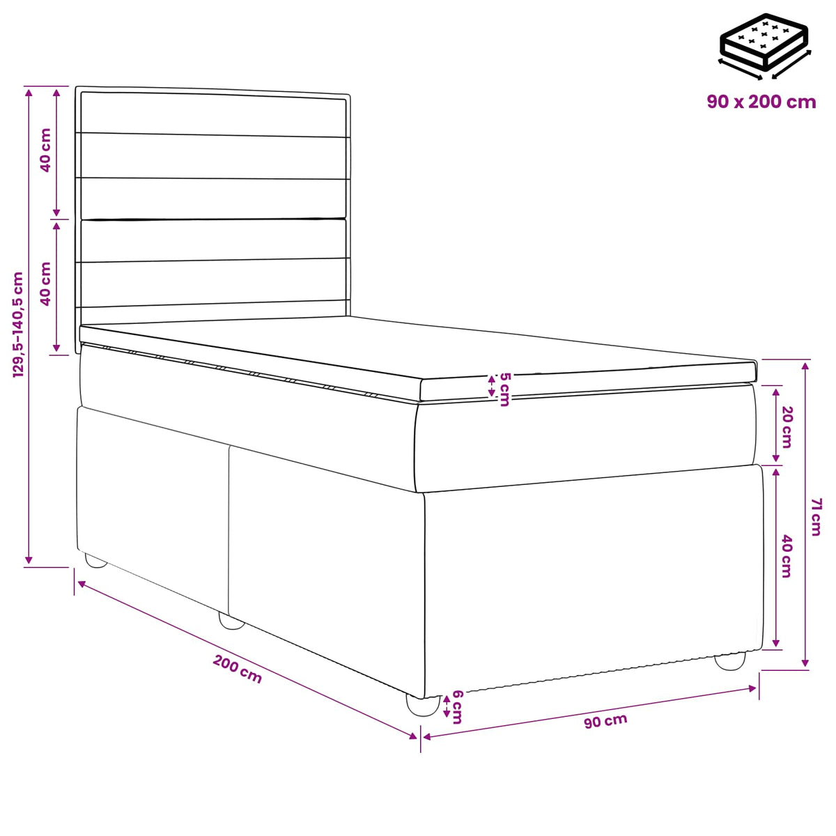LED Boxspringbett mit Matratze Hellgrau 90 x 200 cm Stoff