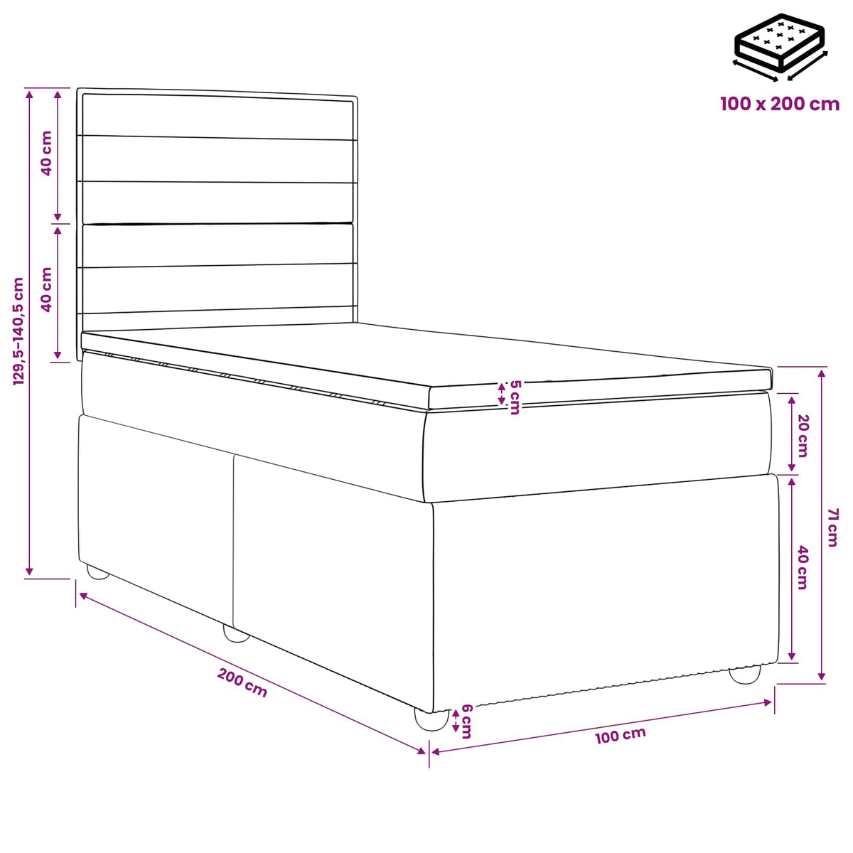 LED Boxspringbett mit Matratze Hellgrau 100 x 200 cm Stoff