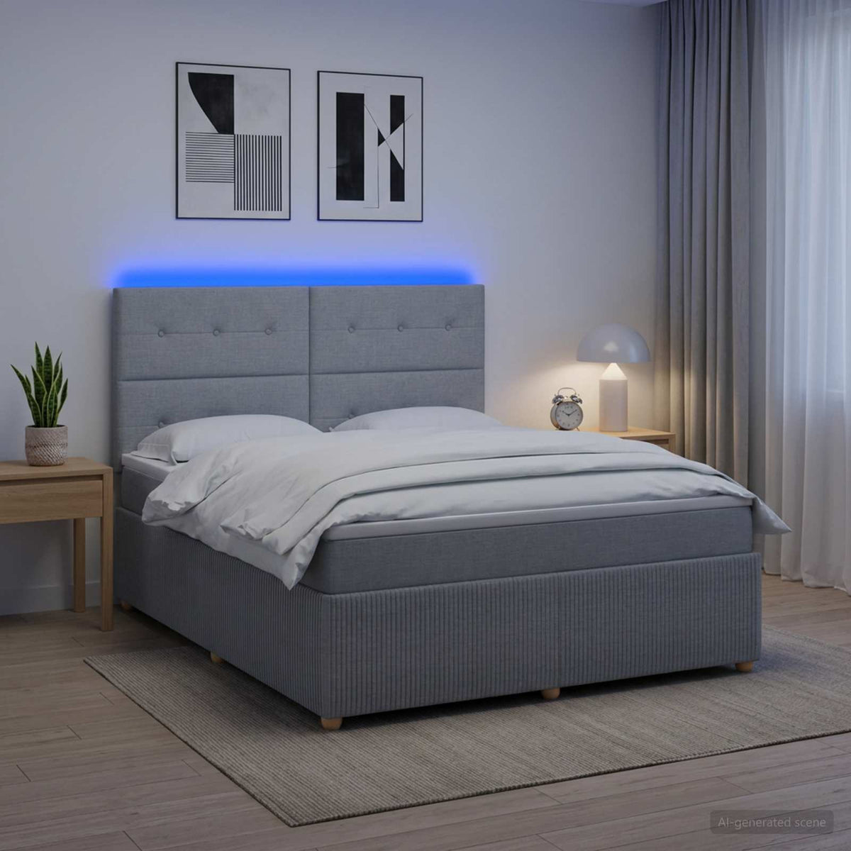 LED Boxspringbett mit Matratze Hellgrau 180 x 200 cm Stoff
