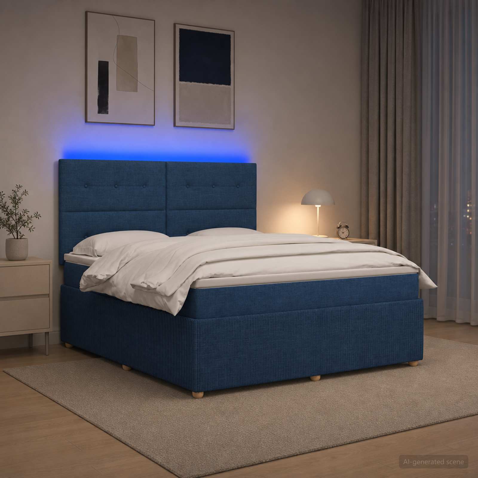 LED Boxspringbett mit Matratze Blau 140 x 200 cm Stoff