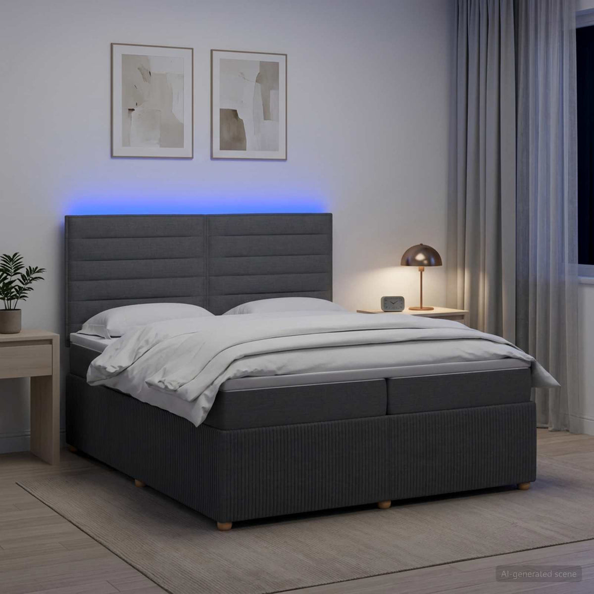 LED Boxspringbett mit Matratze Dunkelgrau 200 x 200 cm Stoff