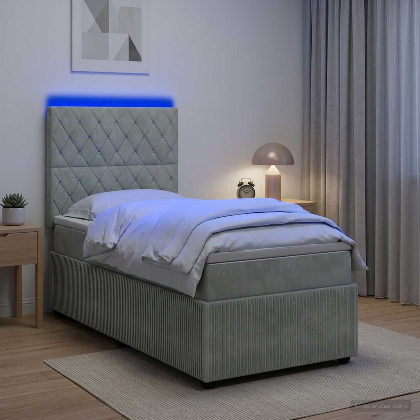 LED Boxspringbett mit Matratze Hellgrau 100 x 200 cm Samt