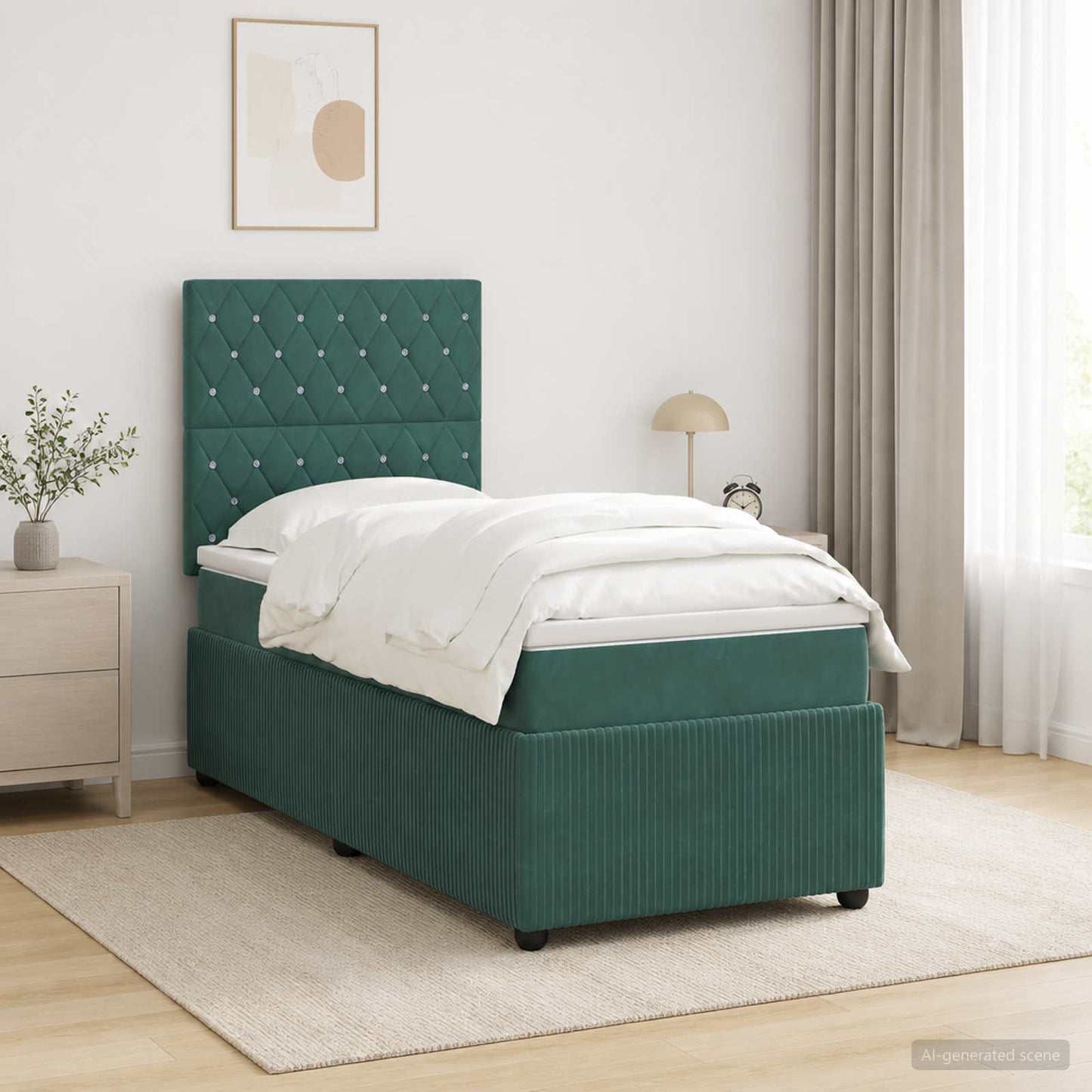 LED Boxspringbett mit Matratze Dunkelgrün 100 x 200 cm Samt