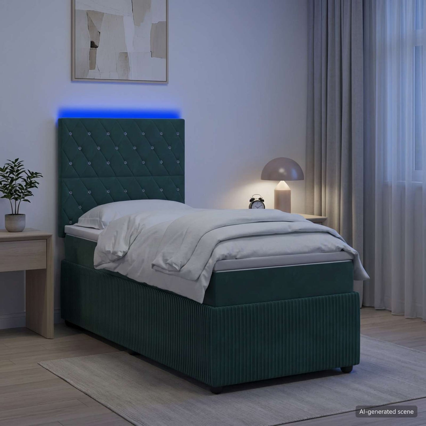 LED Boxspringbett mit Matratze Dunkelgrün 100 x 200 cm Samt
