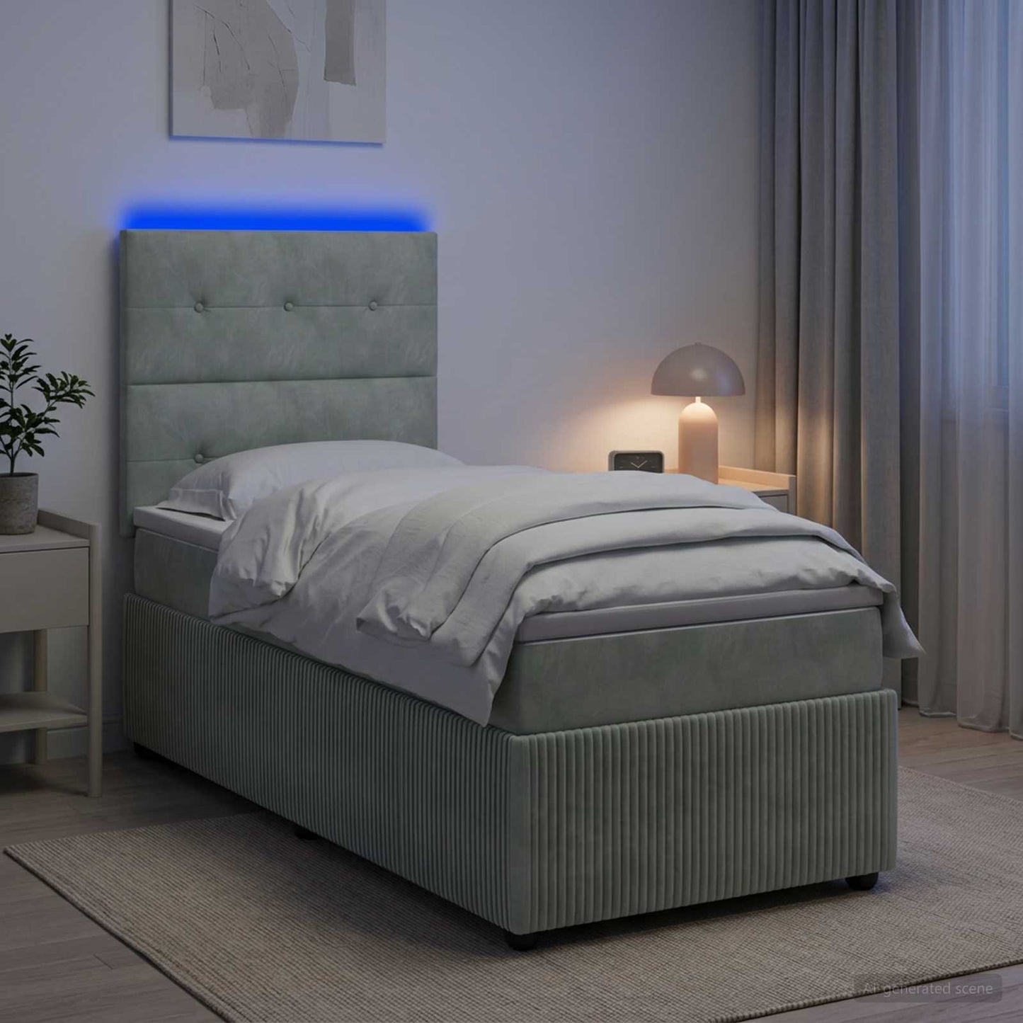 LED Boxspringbett mit Matratze Hellgrau 90 x 190 cm Samt