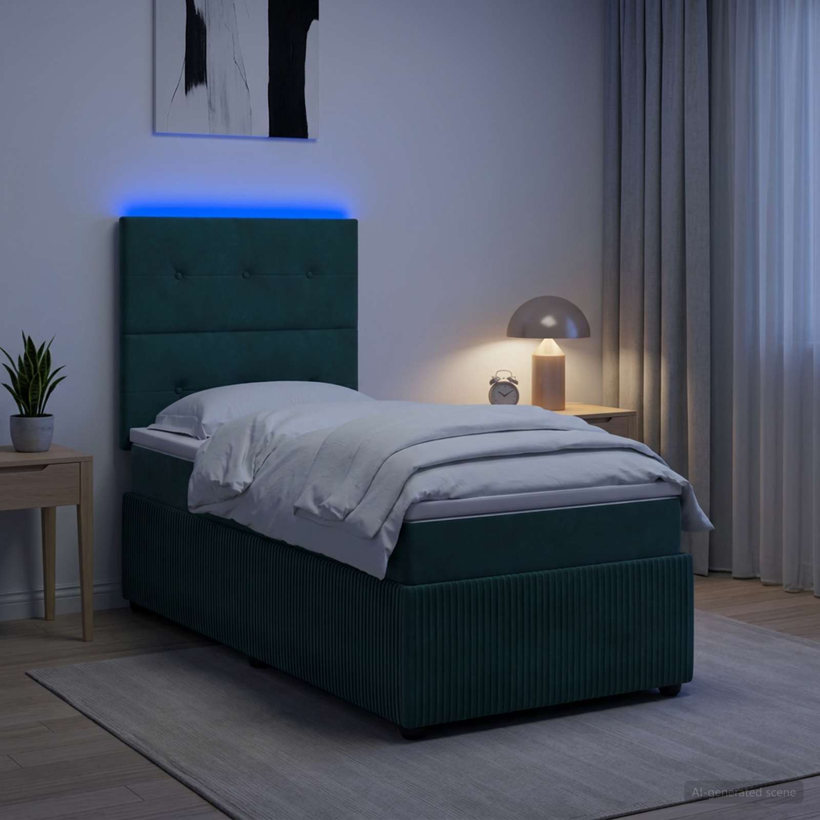 LED Boxspringbett mit Matratze Dunkelgrün 90 x 200 cm Samt