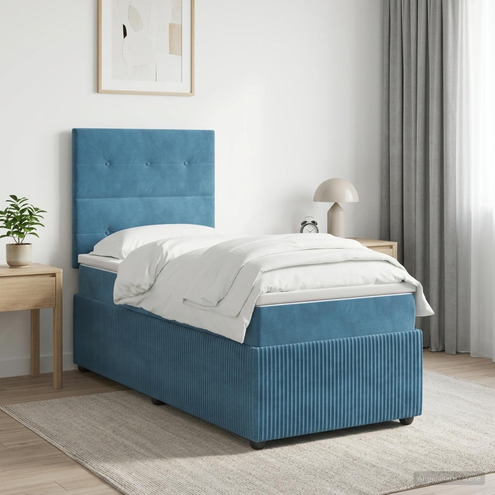 LED Boxspringbett mit Matratze Blau 100 x 200 cm Samt