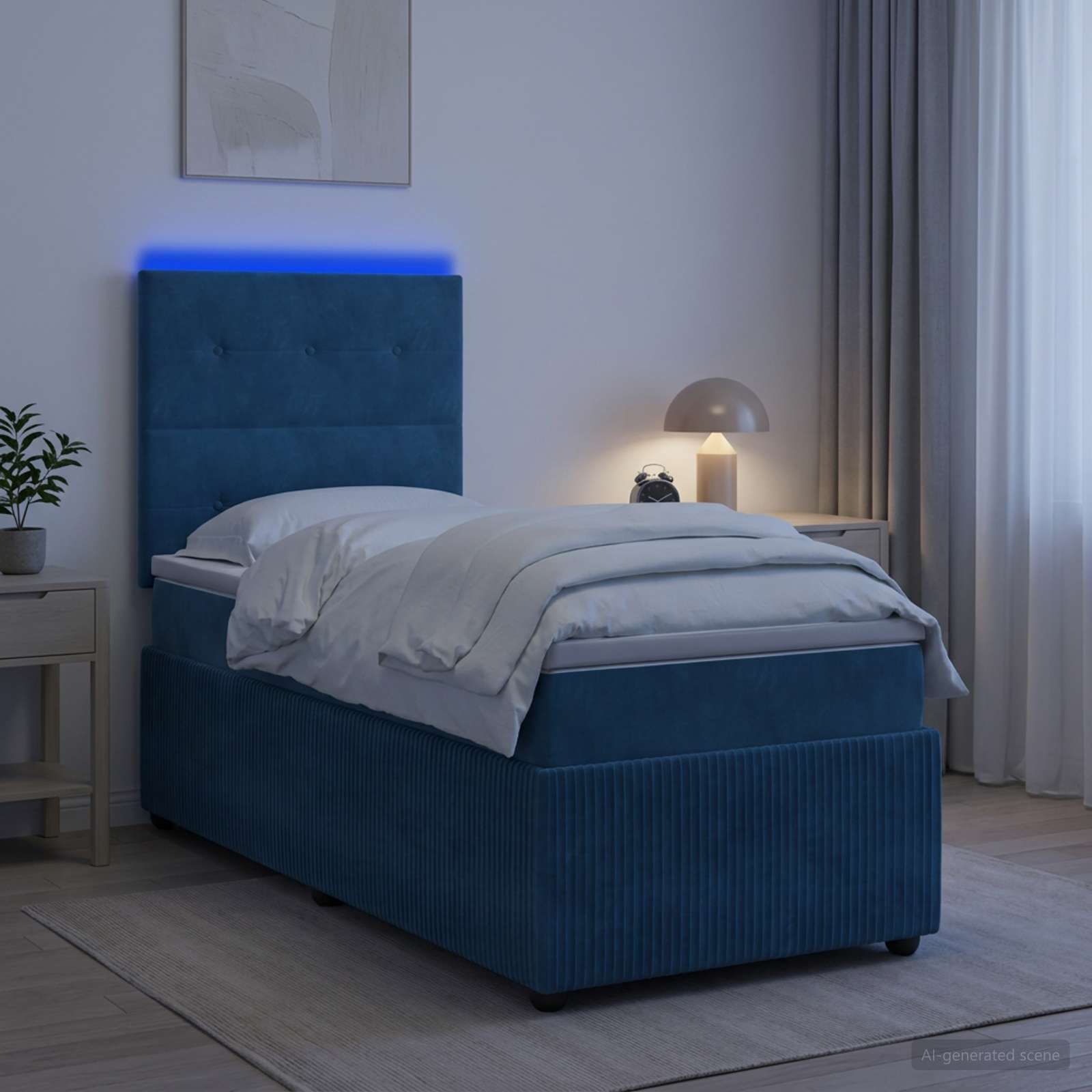 LED Boxspringbett mit Matratze Blau 100 x 200 cm Samt