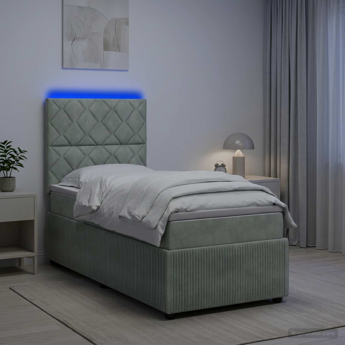 LED Boxspringbett mit Matratze Hellgrau 90 x 190 cm Samt