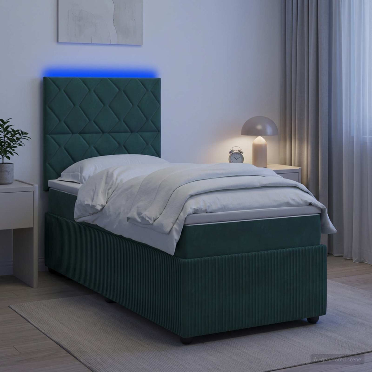 LED Boxspringbett mit Matratze Dunkelgrün 100 x 200 cm Samt