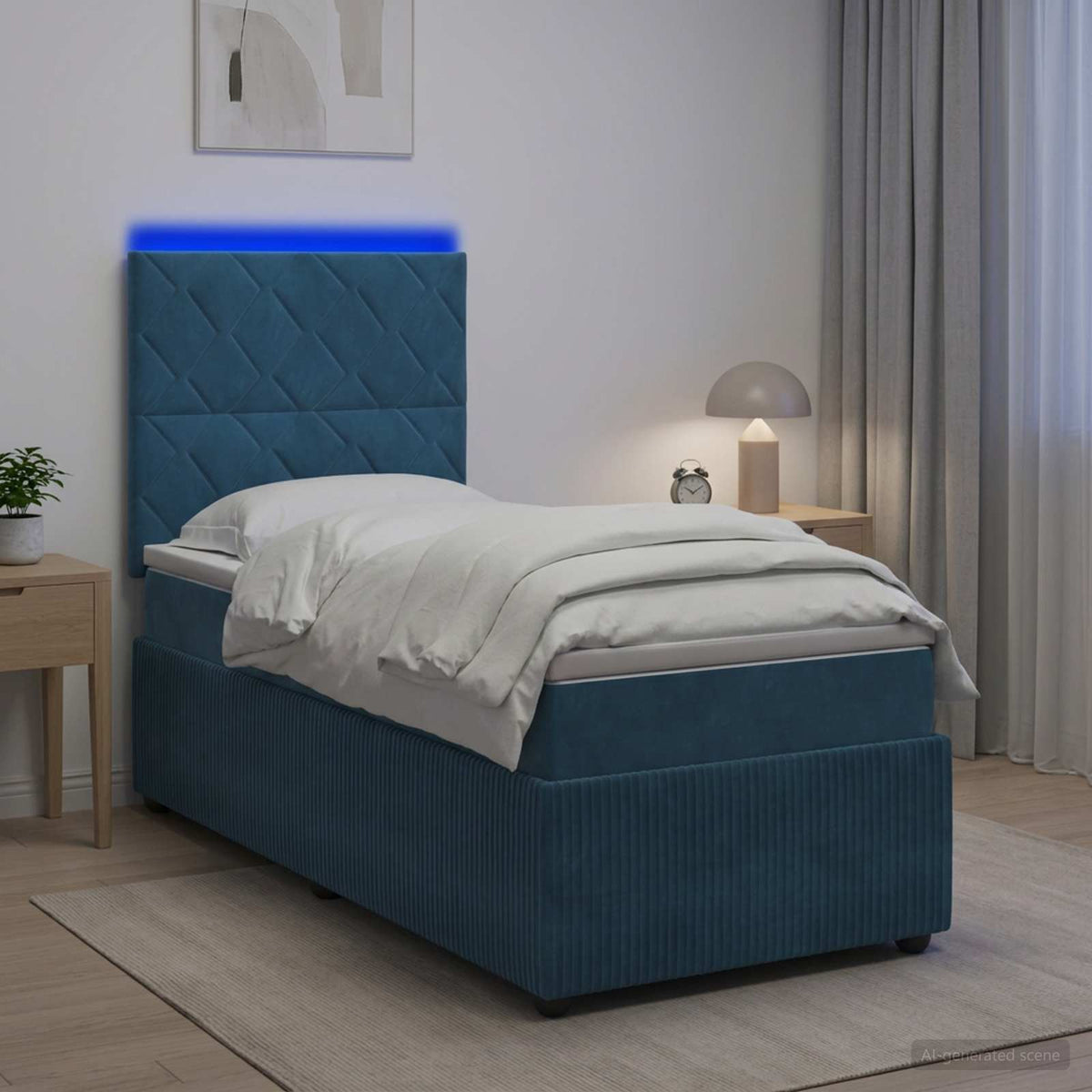 LED Boxspringbett mit Matratze Blau 100 x 200 cm Samt