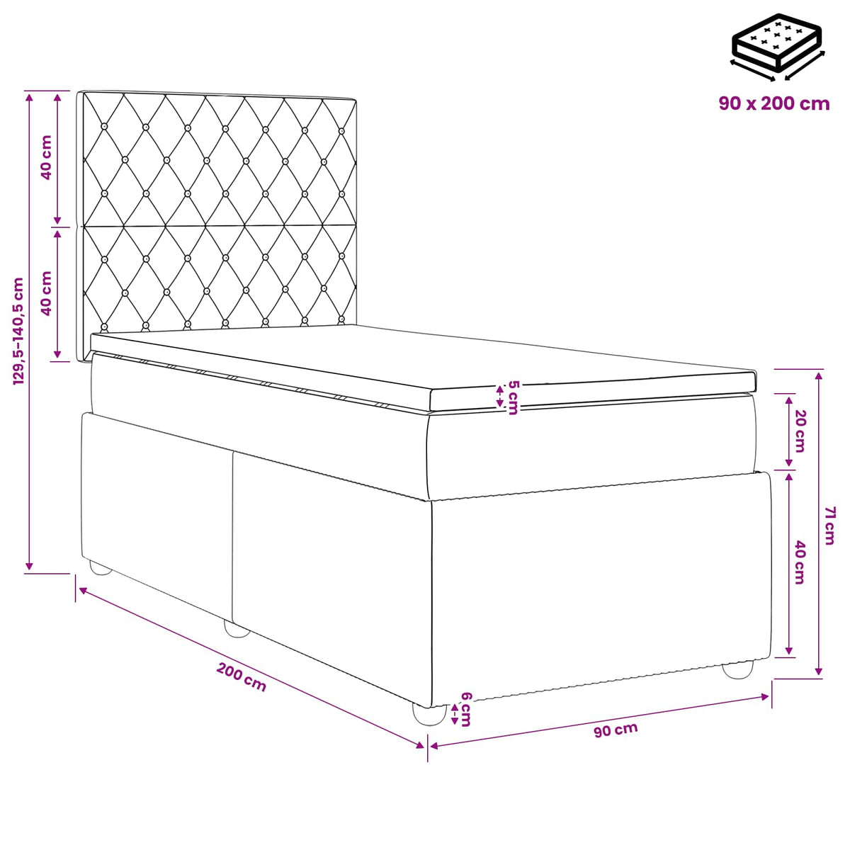 LED Boxspringbett mit Matratze Schwarz 90 x 200 cm Samt