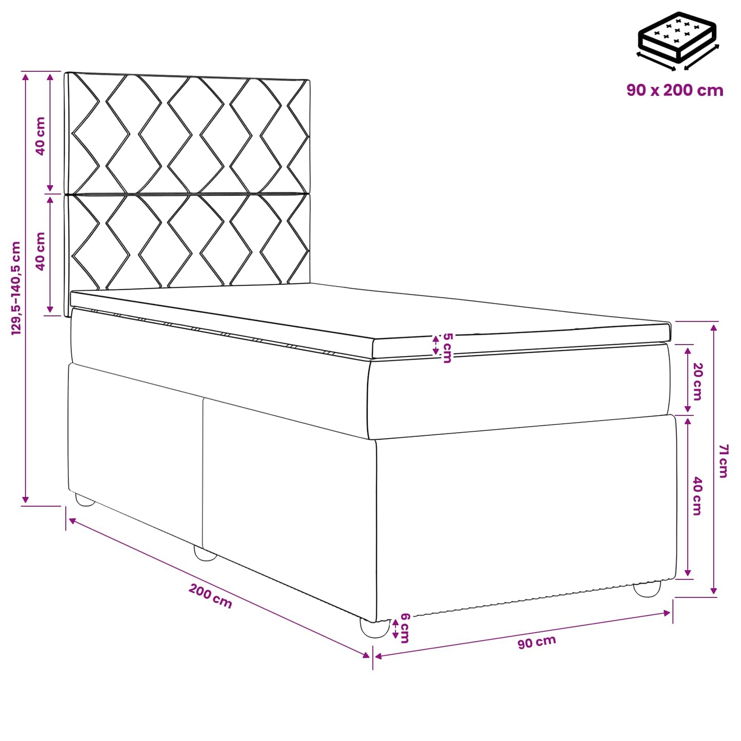 LED Boxspringbett mit Matratze Schwarz 90 x 200 cm Samt