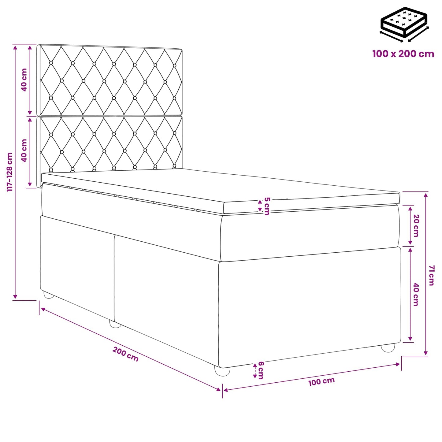 LED Boxspringbett mit Matratze Hellgrau 100 x 200 cm Samt