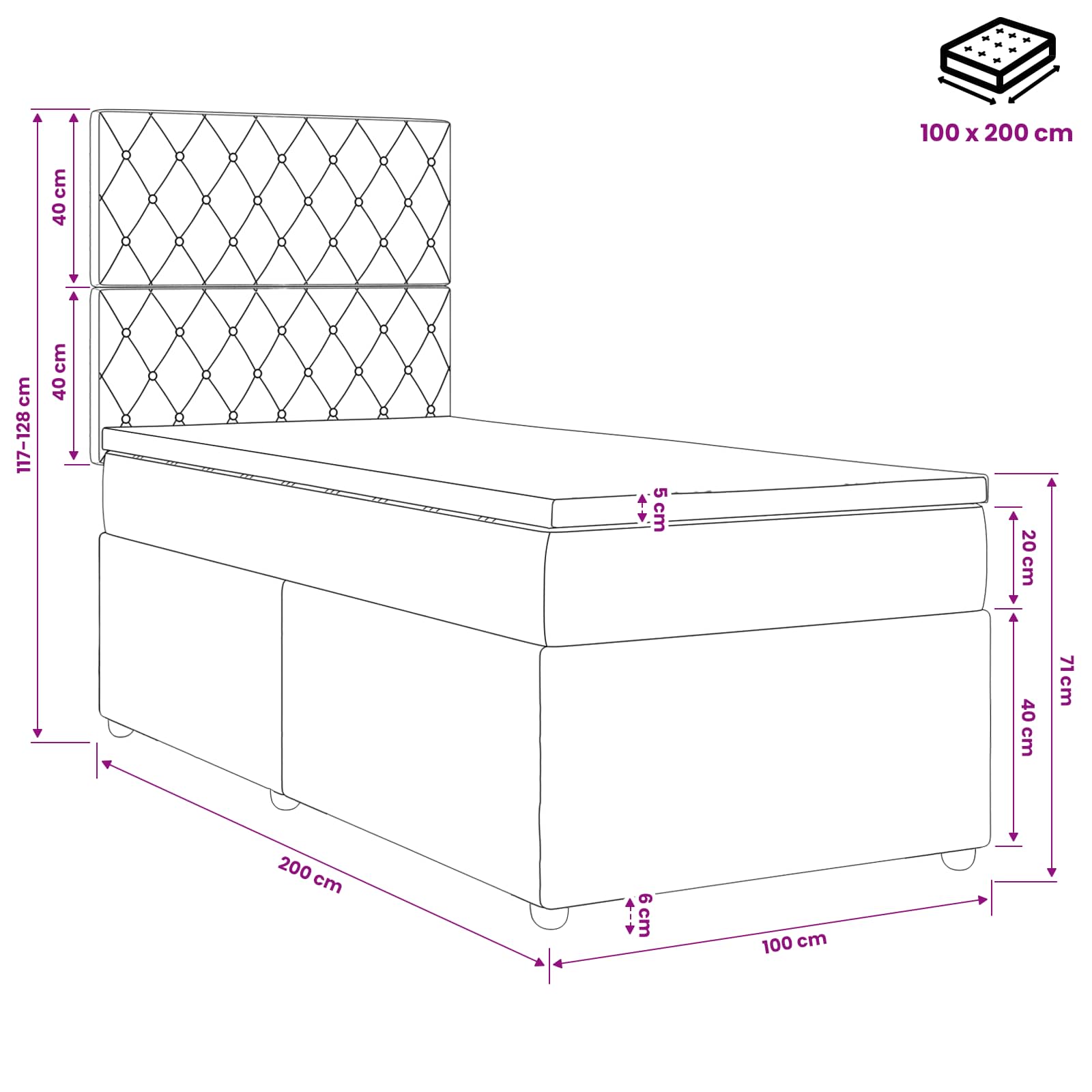 LED Boxspringbett mit Matratze Hellgrau 100 x 200 cm Samt
