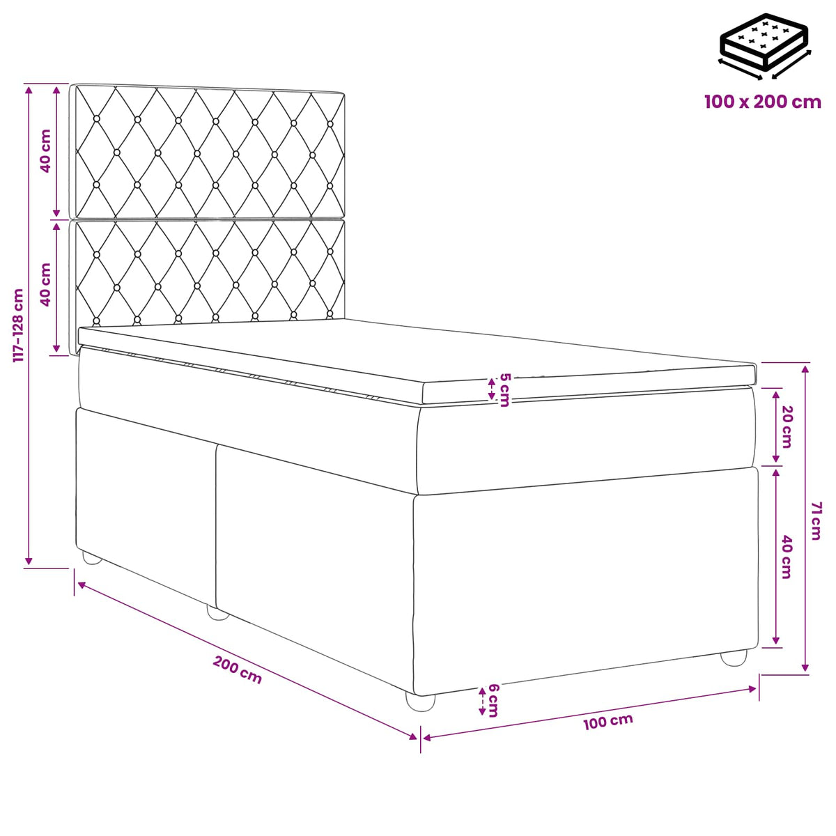 LED Boxspringbett mit Matratze Schwarz 100 x 200 cm Samt