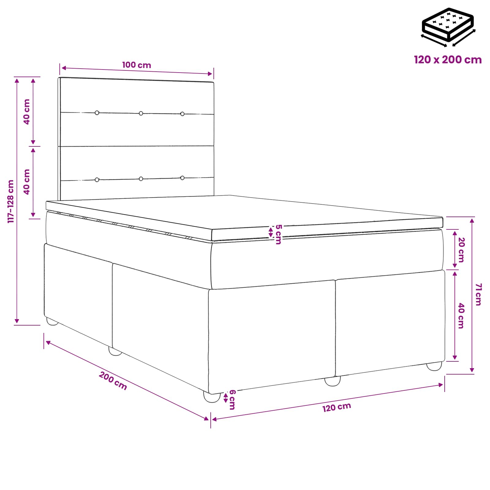 LED Boxspringbett mit Matratze Rosa 120 x 200 cm Samt