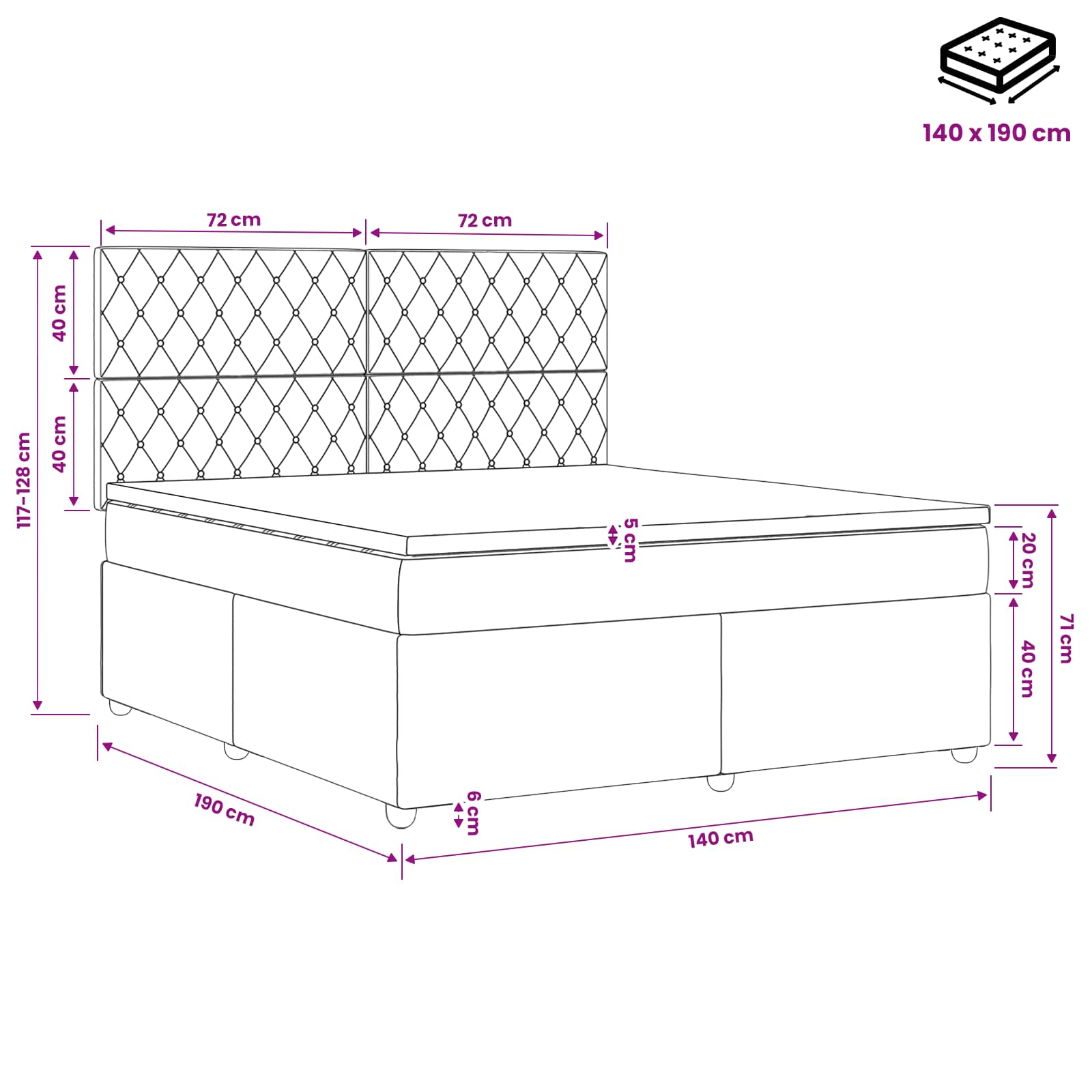LED Boxspringbett mit Matratze Hellgrau 140 x 190 cm Samt