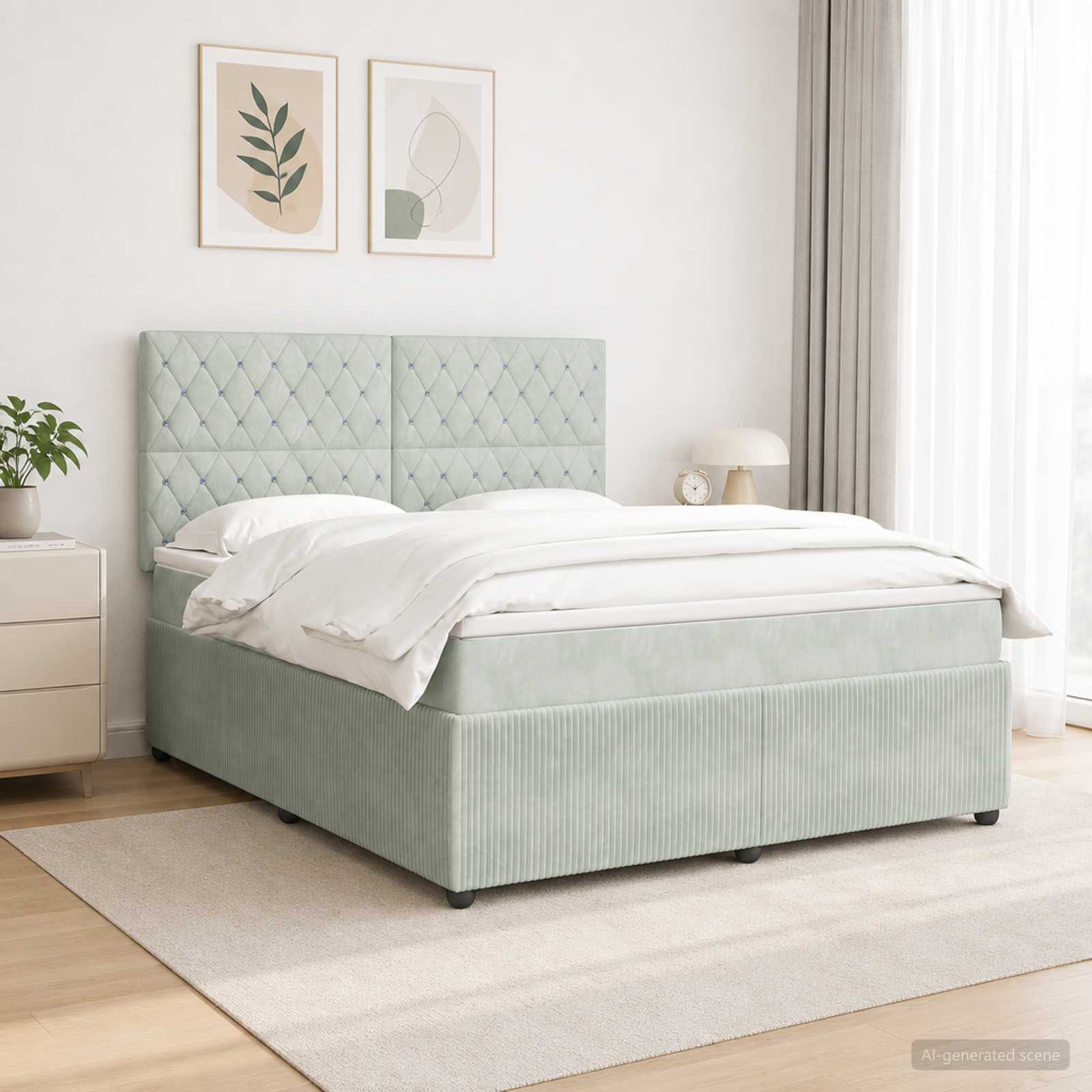 LED Boxspringbett mit Matratze Hellgrau 140 x 190 cm Samt