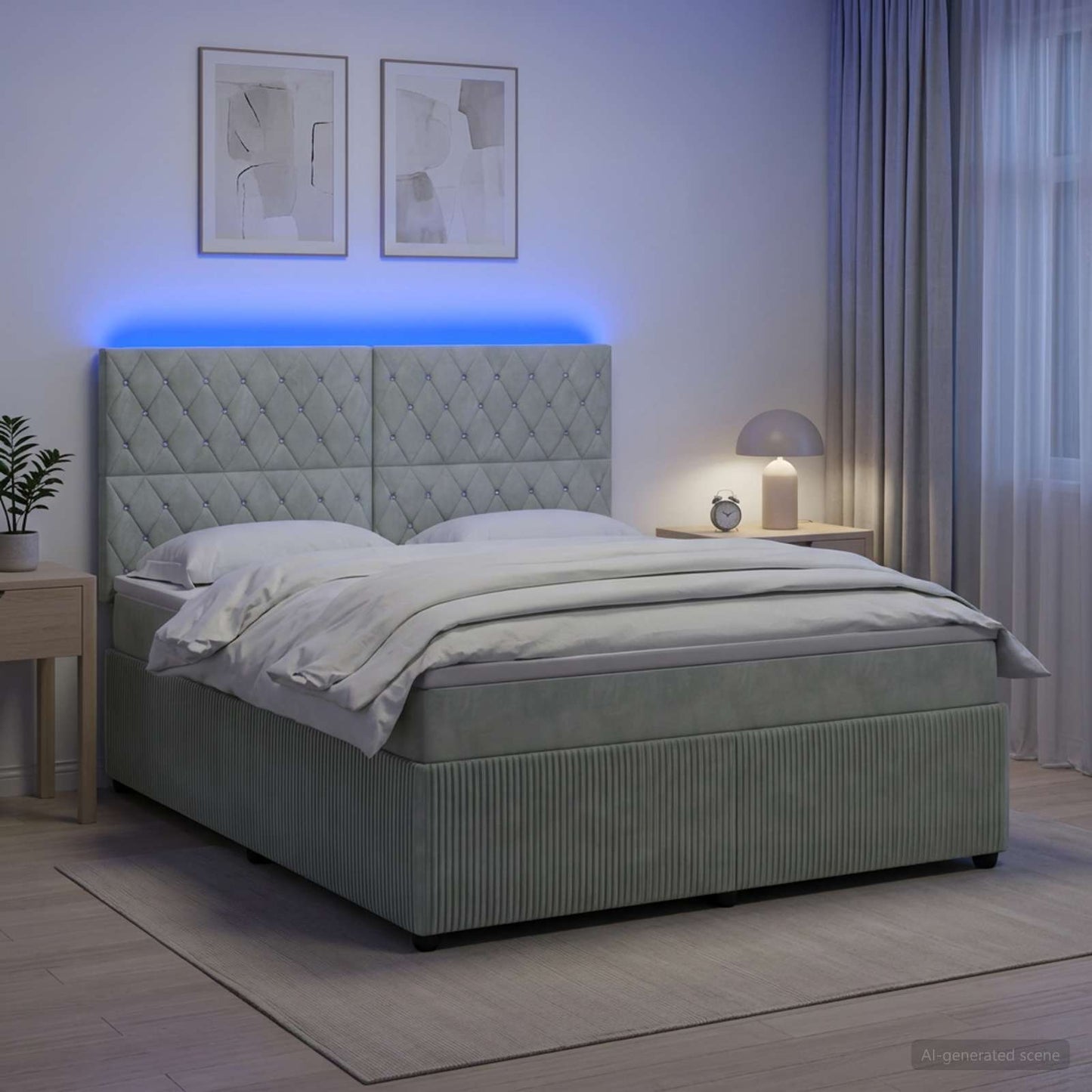 LED Boxspringbett mit Matratze Hellgrau 140 x 200 cm Samt