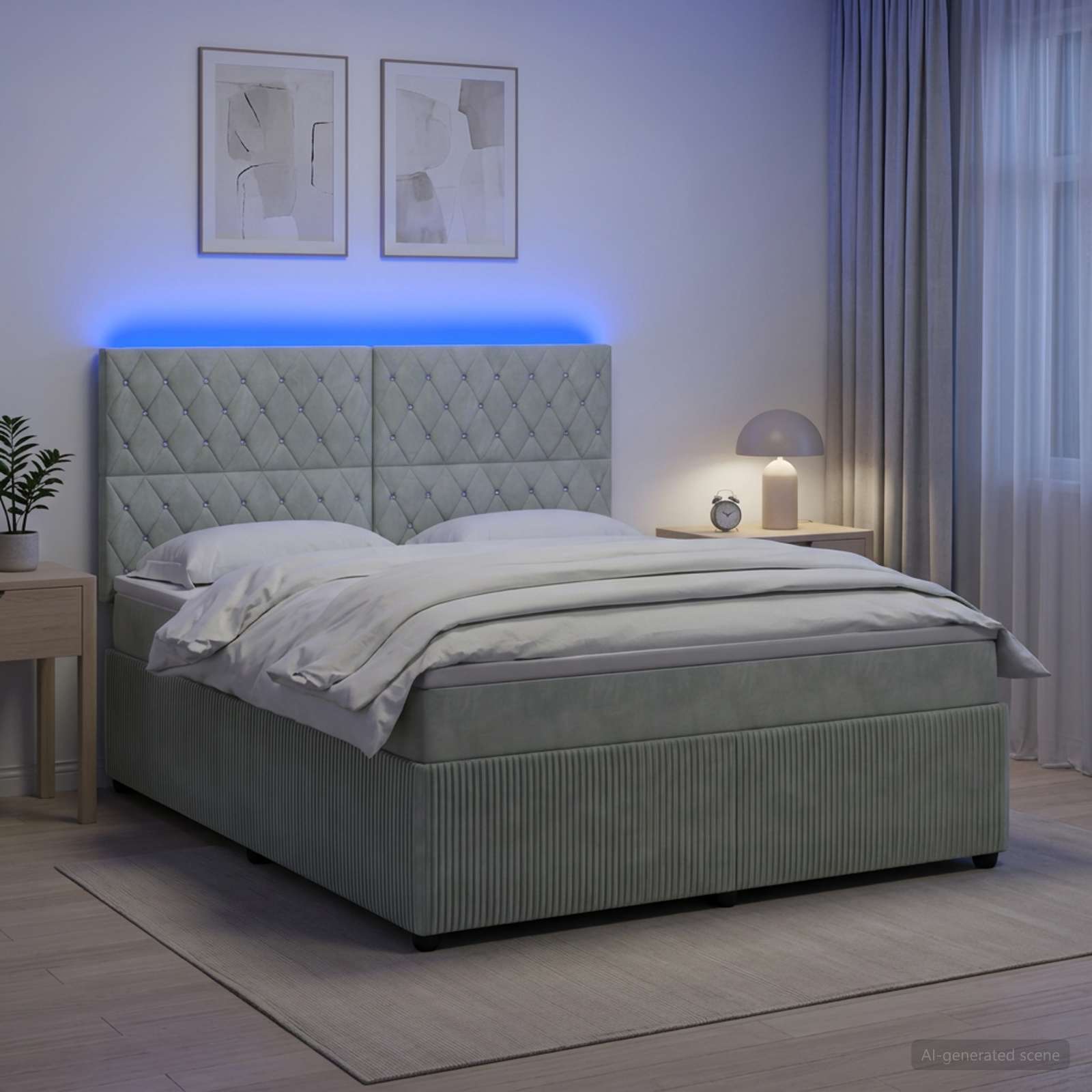 LED Boxspringbett mit Matratze Hellgrau 140 x 200 cm Samt
