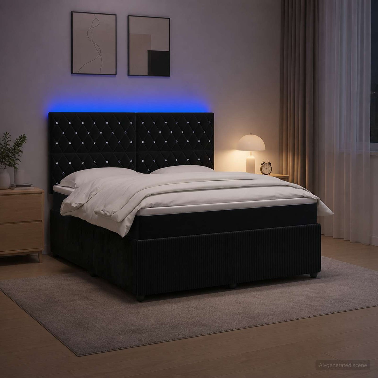 LED Boxspringbett mit Matratze Schwarz 140 x 200 cm Samt