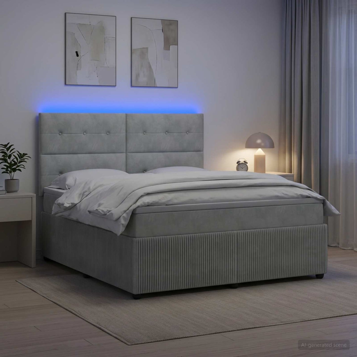 LED Boxspringbett mit Matratze Hellgrau 180 x 200 cm Samt