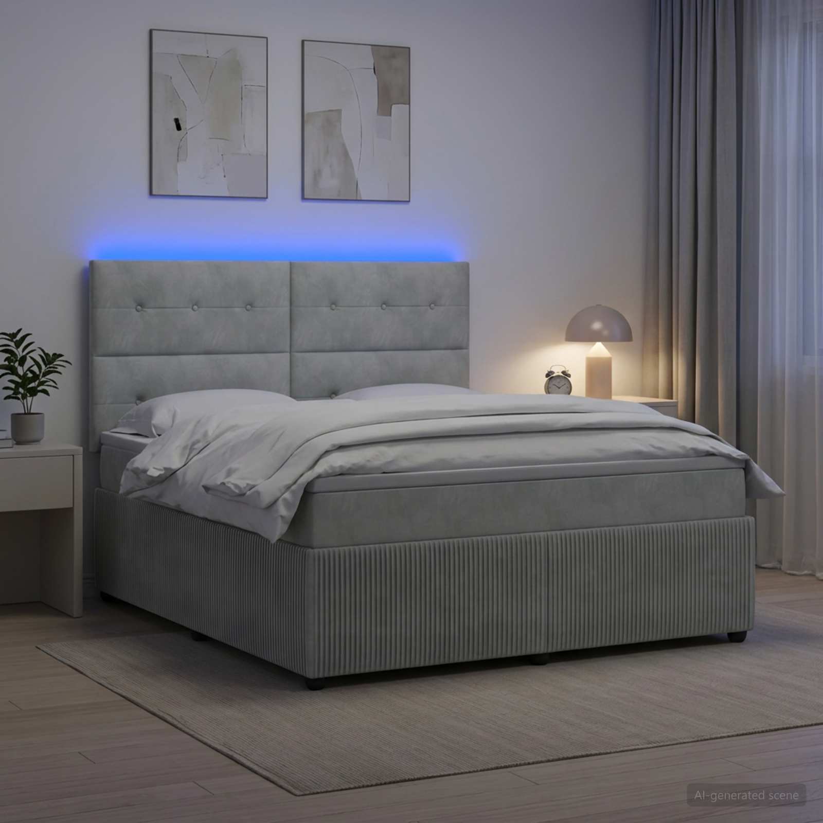 LED Boxspringbett mit Matratze Hellgrau 180 x 200 cm Samt